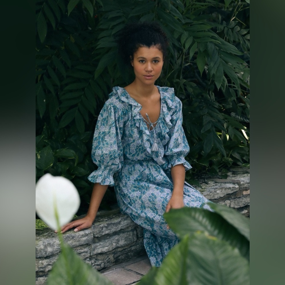 Mille Resort & Travel June Ruffle Midi Dress in Blue Pansy